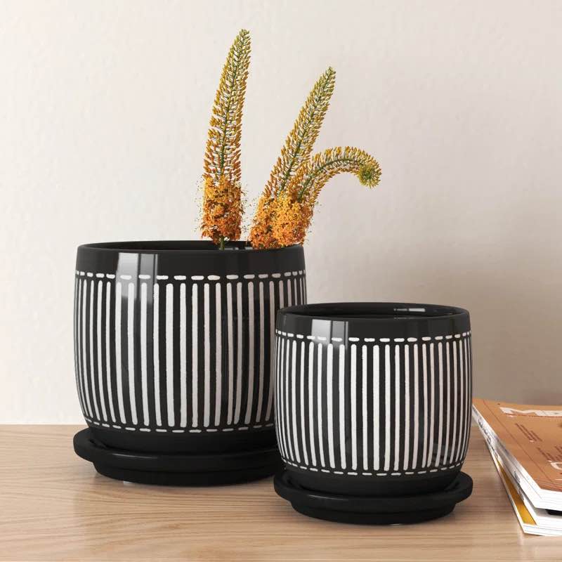 Modern Black and White Abstract Design Ceramic Planters with Saucers (Set of 2)