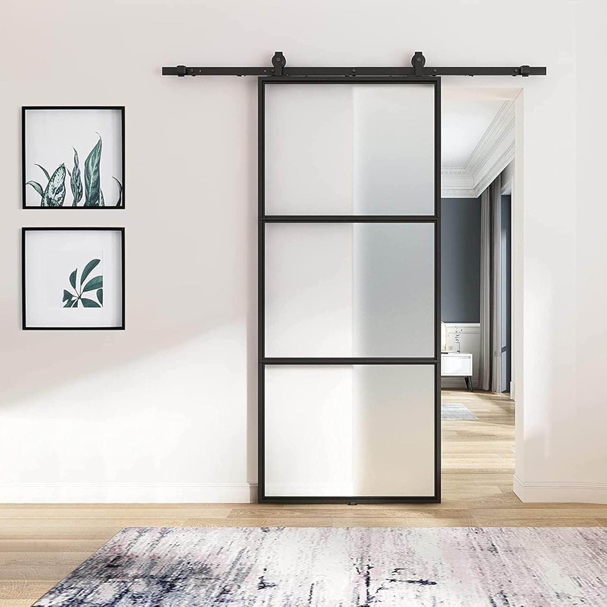 (similar)BARNSMITH 36in x 84in Frosted Glass Barn Door with 6FT Top Mounted Hardware kit Soft Close Mechanism Black Carbon Steel Tempered Modern Sliding Door Assemble Required Easy Installation