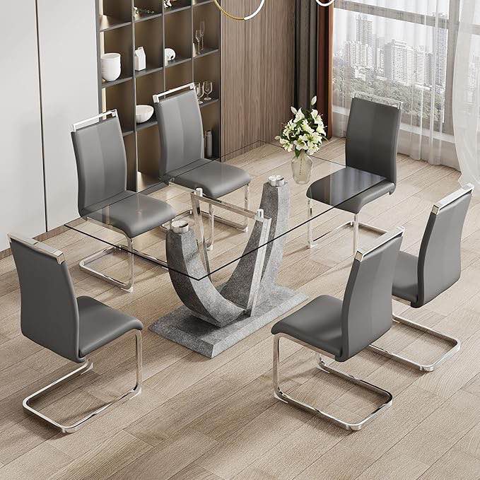 (incomplete)71" Glass Dining Table Set for 6, Modern Glass Dining Room Table, Tempered Glass Table Top Thick 0.39", with 6 PU Leather Chairs, for Kitchen and Dining Room