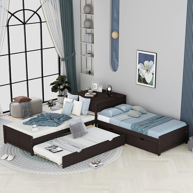 (2 of 2) Twin Size L Shape Platform Bed Frame With Trundle, Rawers And Built-In Table