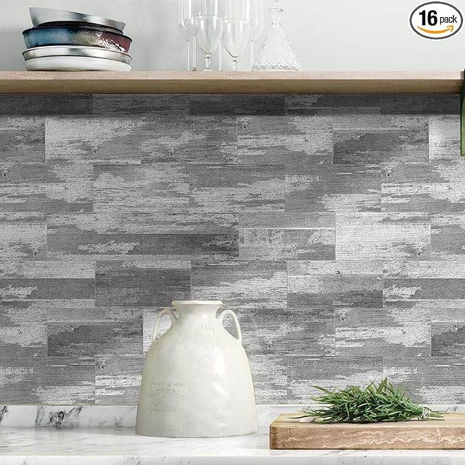 SOJVV 8" x 4" Peel and Stick Backsplash Tile - Loft Style Retro Wood Grain Wall Decor Tile for Bathroom & Kitchen Backsplash (Cement Grey, 16-Piece)