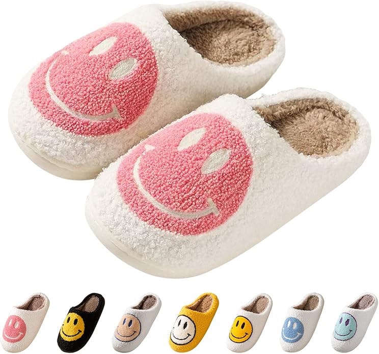 Beishani Smile Face Slippers for Women Happy face slippers Retro Soft Plush Warm Slip-on Slippers Cozy Indoor Outdoor Womens Slippers(5-6 Women/4-5 Men)