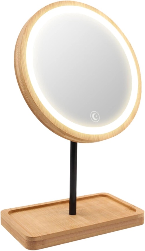 Lighted Led Makeup Mirror Vanity Mirror With 3 Color Lights, Cordless Usb Rechargeable Battery, 360 Rotation, Bamboo Wood Beauty Storage Tray, Tableto