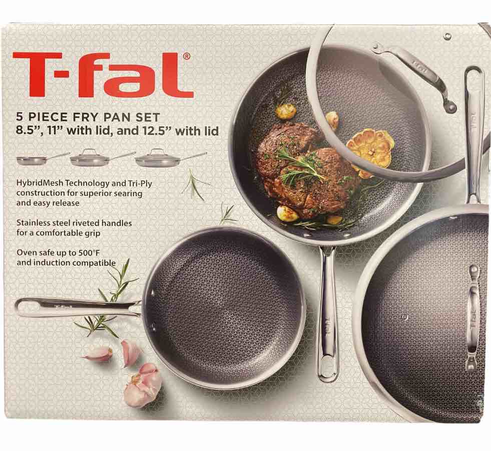 T-FAL 5 PIECE FRY PAN SET 8.5", 11" with lid, and 12.5" with lid