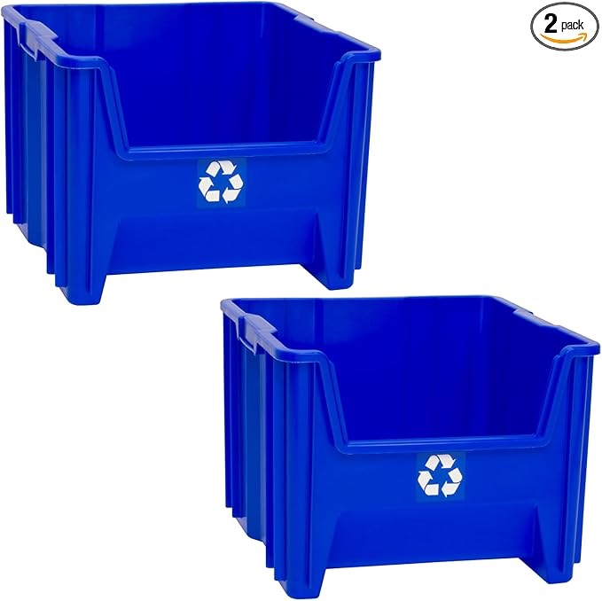 READYSPACE 2-Pack Heavy-Duty Open-Front Stacking Recycling Bins Plastic Containers, 12 Gallon, Blue (13018BLUERS)