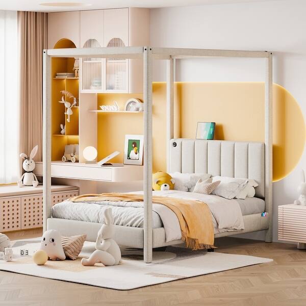 SEE DESCRIPTION Beige Queen Size Canvas Upholstered Canopy Platform Bed Frame with USB & Type-C Ports and Headboard