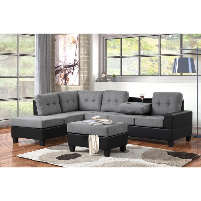 SEE DESCRIPTION SH3220GRP 3-Piece Reversible Sectional With Ottoman, In Grey Fabric and Black PU