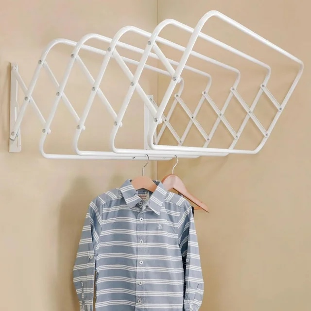 SOH DESIGN Steel Wall Mount Clothes Drying Rack, White Powder Coated, 9 Rods Expandable, for Laundry, Bathroom, Balcony,Indoor-Outdoor Use, 24 in Wide