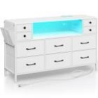 Rolanstar Dresser for Bedroom with LED Lights and Power Outlets, 55" TV Stand with 10 Drawers, Fabric Chest of Drawers with Side Pocket, PU Finish, Sturdy Frame & Wood Top, White