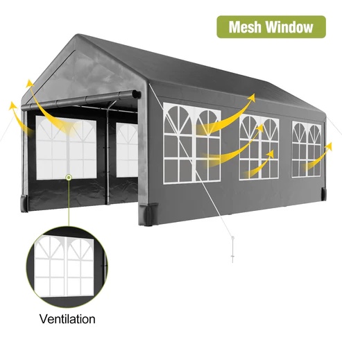 CARPORT PHO_12REOPIY Carport, Heavy Duty Carport Canopy with 4 Load-Bearing Sandbags, Roll Up Mesh Window, PE Waterproof Canopy, Reinforced Steel Pipes 1.3mm Tube Wall Thickness for Cars, Truck (Grey)