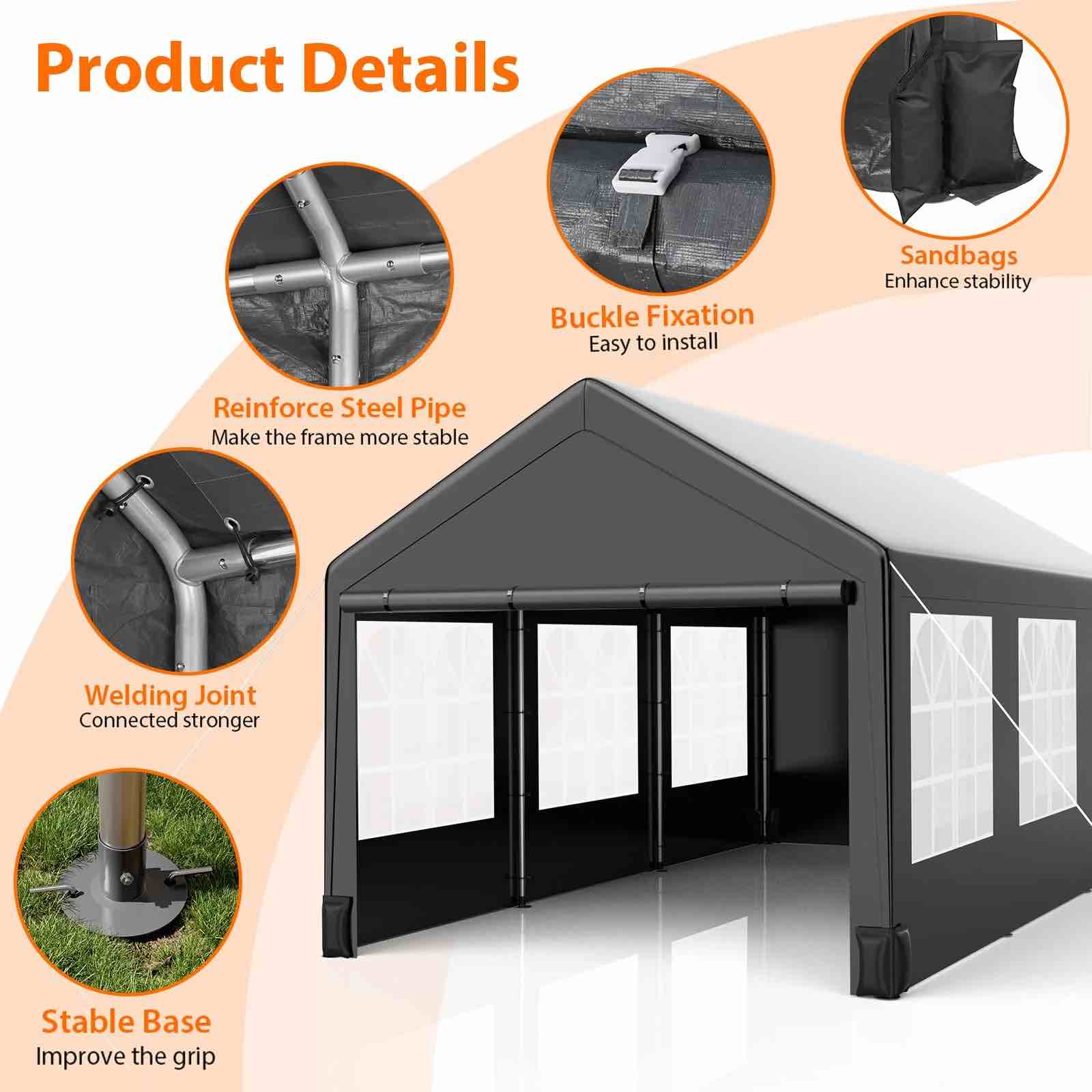 Carport  Portable Garage, Heavy Duty Car Canopy with Roll-up Ventilated Windows & Side Doors, All-Season Tarp Car Port for SUV, Car, Truck, Boat