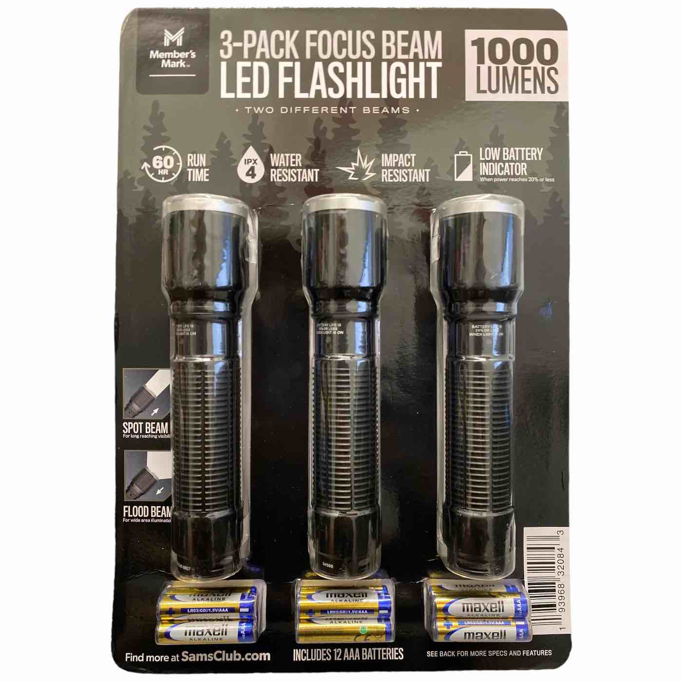 Member's Mark 5 Power Settings 1000 Lumen LED Flashlight, 3pk