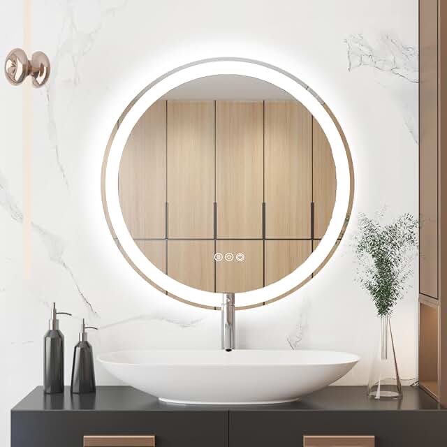 KWW 24 Inch Large Modern LED Round Bathroom Vanity Mirror, Color Temperature Adjustable, Anti-Fog Dimmable Lights, Easy to Install, Wall Mounted Makeup Mirror with Smart Touch Button