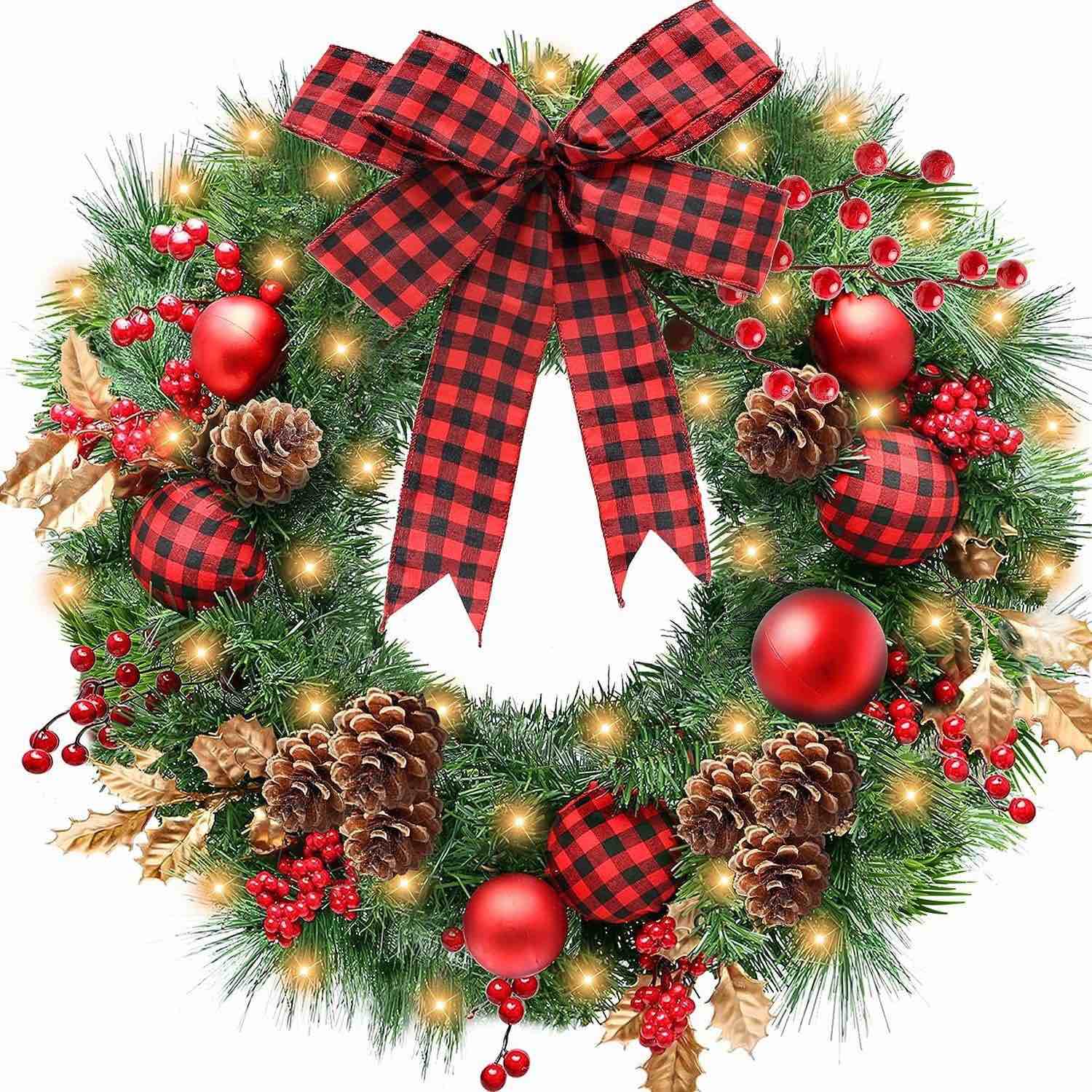 Christmas Wreath with Metal Hanger, Lighted Xmas Folded Wreath, Red Bow and Colorful Balls, Battery Operated & Timer for Outdoor Home Window Wall Front Door