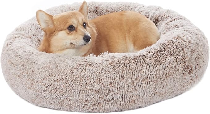 Bedfolks Calming Donut Dog Bed, 30 Inches Round Fluffy Dog Beds for Medium Dogs, Anti-Anxiety Plush Dog Bed, Machine Washable Pet Bed (Brown, Medium)