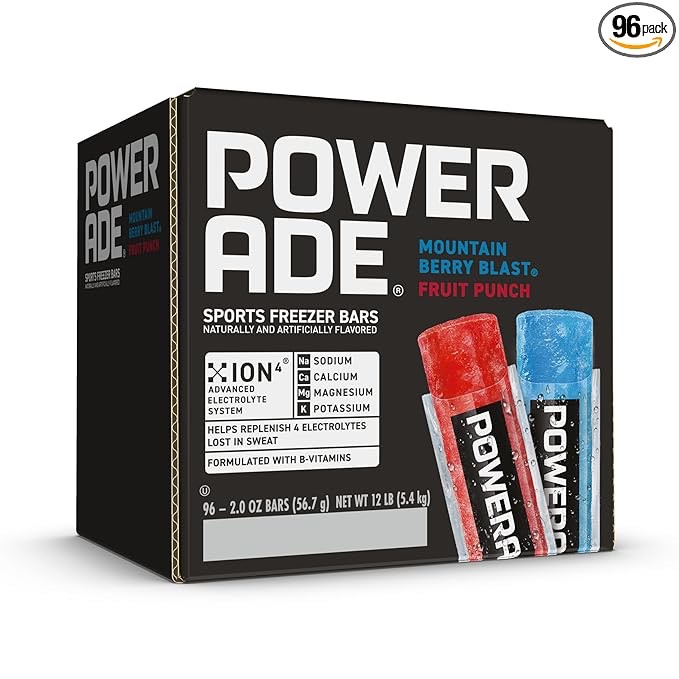 powerade sports freezer bars 2 oz, refreshing ice pops with electrolytes b vitamins – naturally flavored with other natural flavors, mountain berry blast and fruit punch, 96 total freezer bars (best by september 2026)