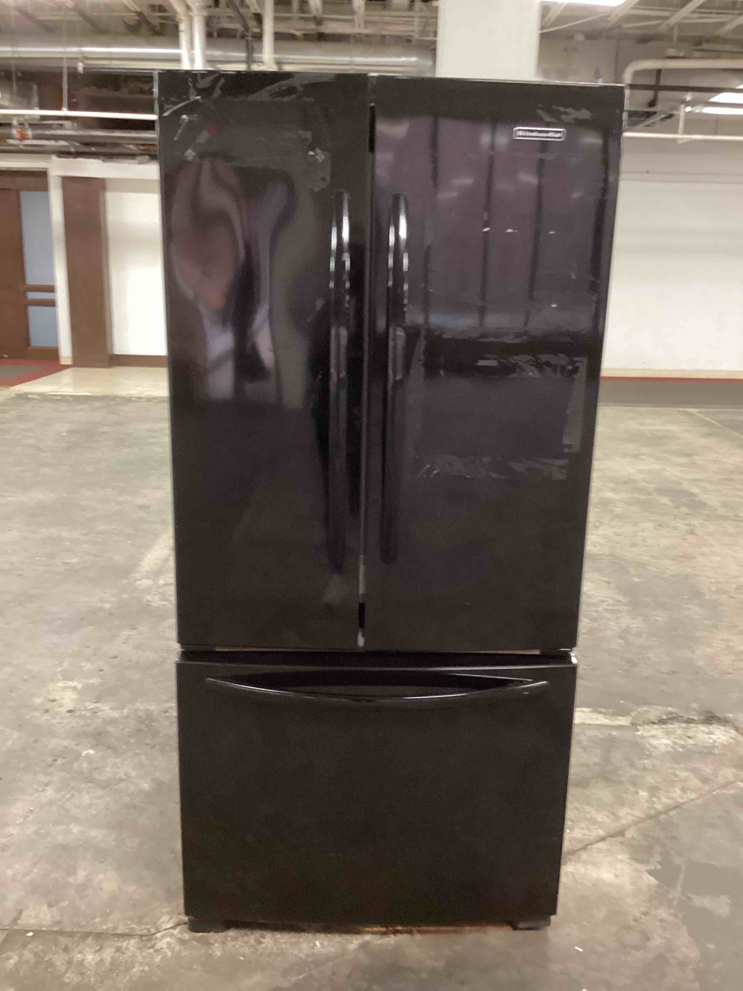 Condition photo showing As Is for KitchenAid KBFS22WBL7 22 cu. ft. black French door Refrigerator 
