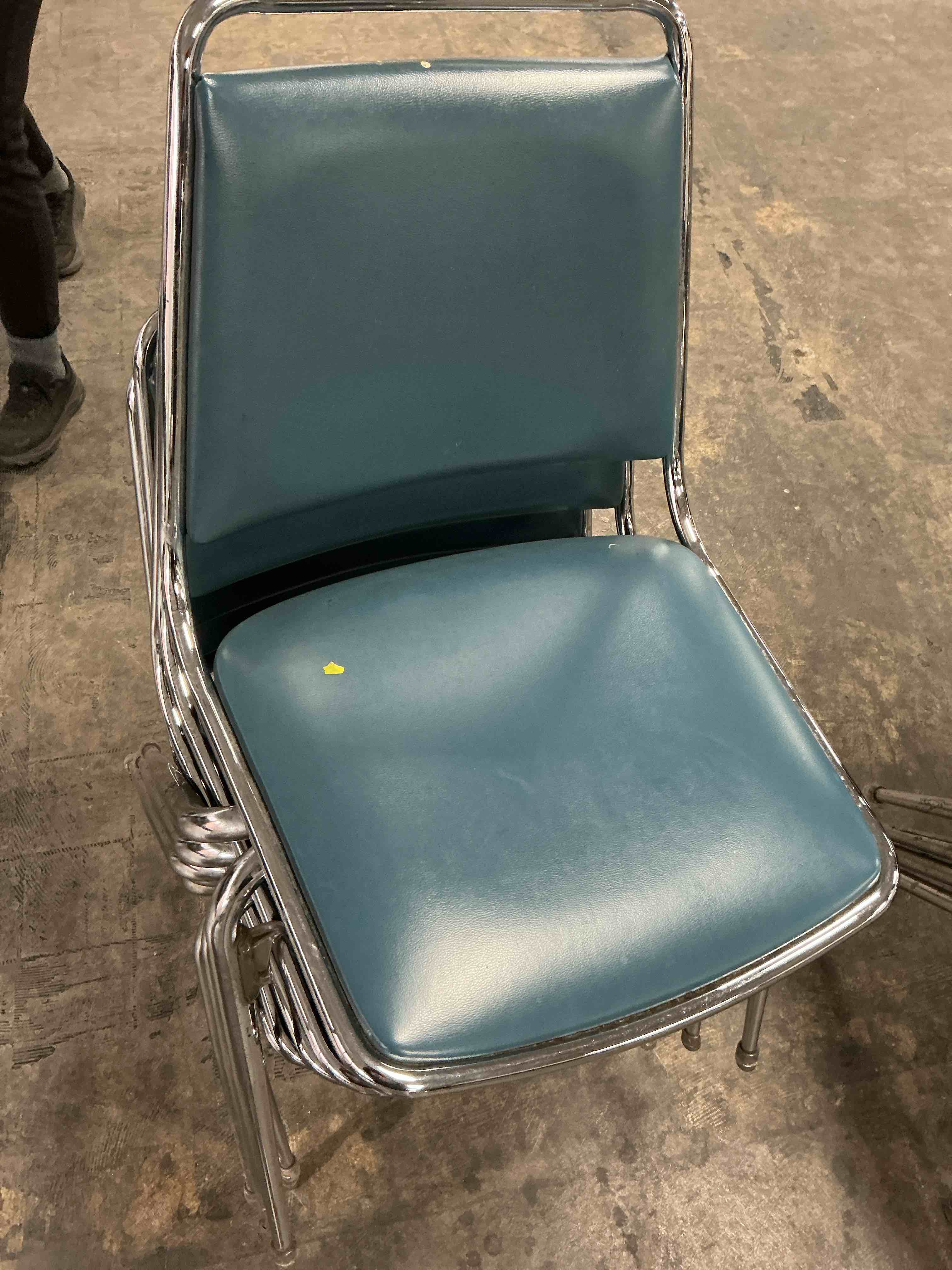 Condition photo showing As Is for Pack of 5 (similar image) Elegant Diner Chair - Chrome Base, Wood Seat, Solid Back - 19.5" x 15.5" x 31.5" Green