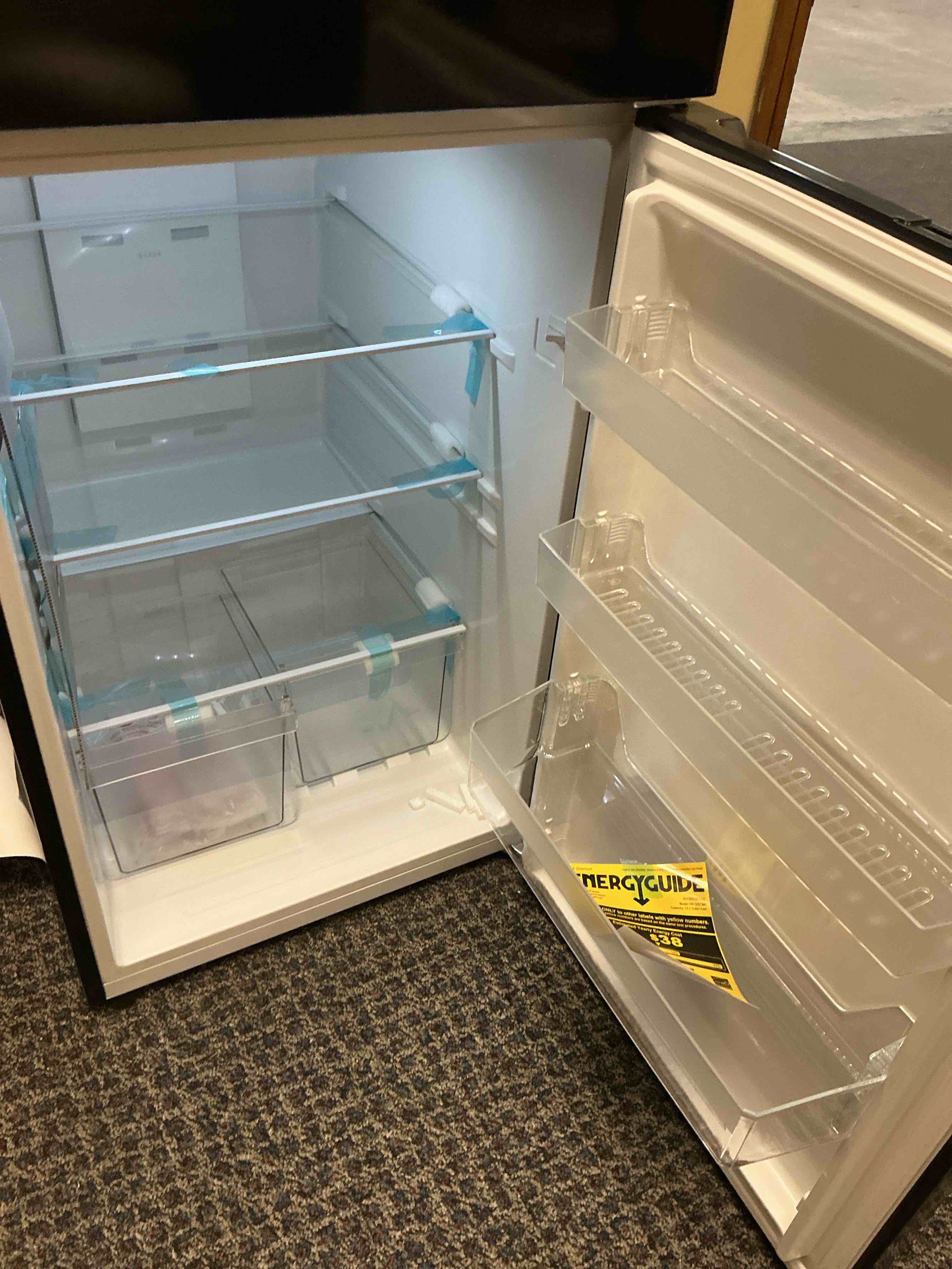 Condition photo showing As Is for Frestec 12.1 CU' Refrigerator with Freezer, Apartment Size Refrigerator Top Freezer,2 Door Fridge with Adjustable Thermostat Control,Freestanding, Black (FR 1202 BK)