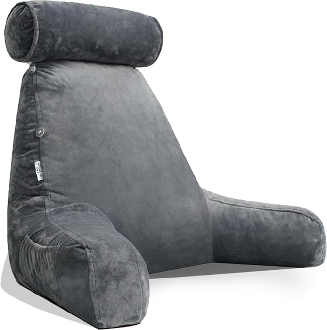 Adult Bed Sitting Reading Pillow with Detachable Neck Support Cushion and Bed Back Pillow with Arms and Side Pocket Foam Pillow