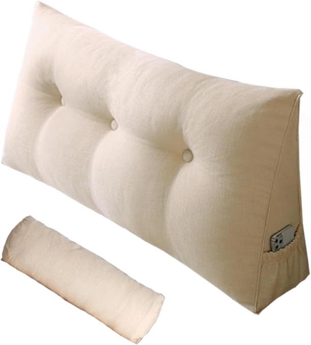 Large Triangular Headboard Pillow with Head Roll Pillow, Backrest Positioning Support Bed Bolster Rest Reading Pillow with Removable Cover (White Beige, Twin:39x8x20 Inches)
