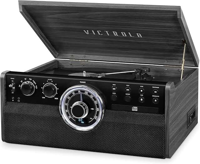 Victrola Mid Century 6-in-1 Bluetooth Record Player & Multimedia Center with Built-in Speakers - 3-Speed Turntable, CD & Cassette Player, AM/FM Radio | Wireless Music Streaming | Grey