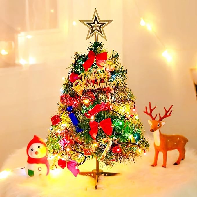 24 Inch Mini Christmas Tree with Hanging Ornaments, 2FT Artificial Christmas Tree Table Top Small Christmas Tree, Tabletop Desk Xmas Tree for Home, Office Decoration