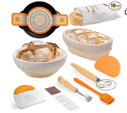 Banneton Bread Proofing Basket Set, 10 Inch Oval & 9 Inch Round Sourdough bread baking supplies with Linen Liner, Silicone Bread Sling, Danish Dough Whisk, Bread Lame, Bowl Scraper,Dough Scraper Kit
