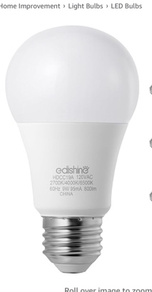 LUNO A19 Dimmable LED Bulb, 9W (60W Equivalent), 800 Lumens, Color Selectable, 2700K, 3000K, 3500K, 4000K, 5000K, 5CCT, UL Listed (pack of 1 