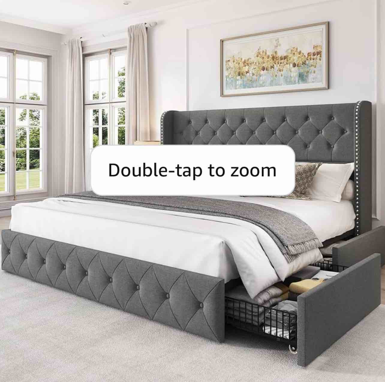 King Size Bed Frame with 4 Storage Drawers and Tufted Headboard Linen Upholstered Platform Bed Frame Wingback Beds with Wooden Slats Support, Easy Assembly, Beige