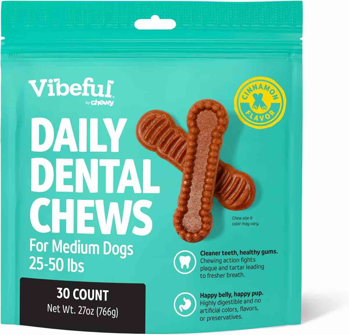 Vibeful Large Daily Dental Chews for Dogs, Cinnamon Flavor, 30 count