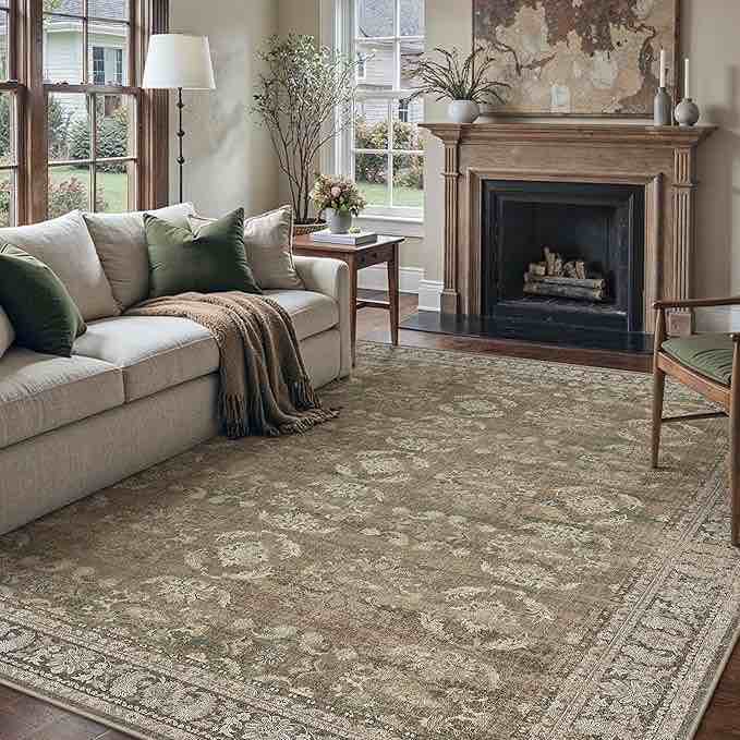 8x10 beige area rug for living room washable vintage distressed carpet large bedroom low pile non slip indoor soft retro throw accent rug office kitchen bathroom dining room (similar to stock photo)