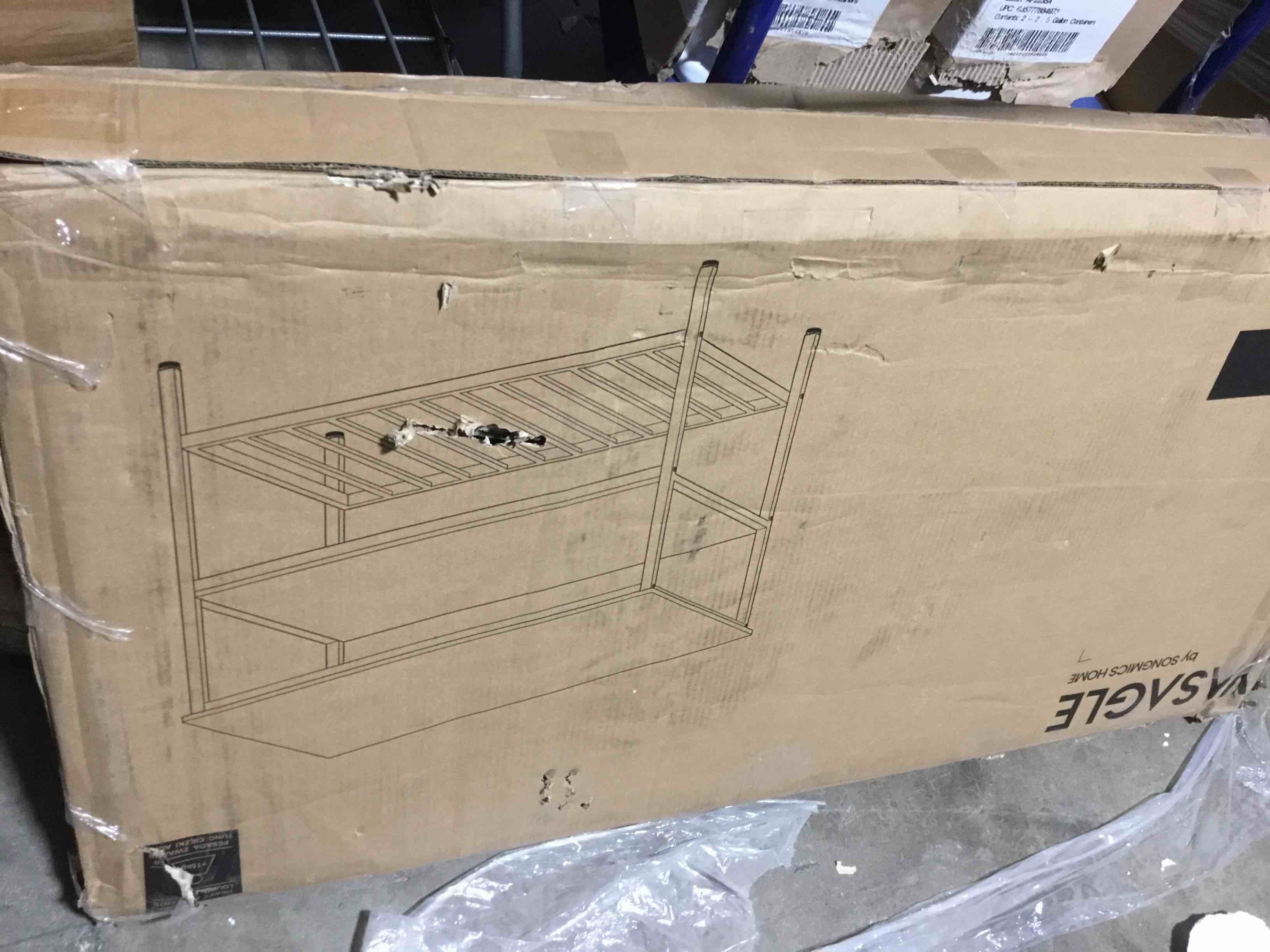 Condition photo showing Good Condition for VASAGLE Kitchen Island with 3 Shelves, 47.2 Inches Width Kitchen Shelf with Large Worktop, Stable Steel Structure, Industrial, Easy to Assemble, Rustic Brown and Black UKKI01BX 47.2"W x 35.4"H without Power Outlets Rustic Brown + Black