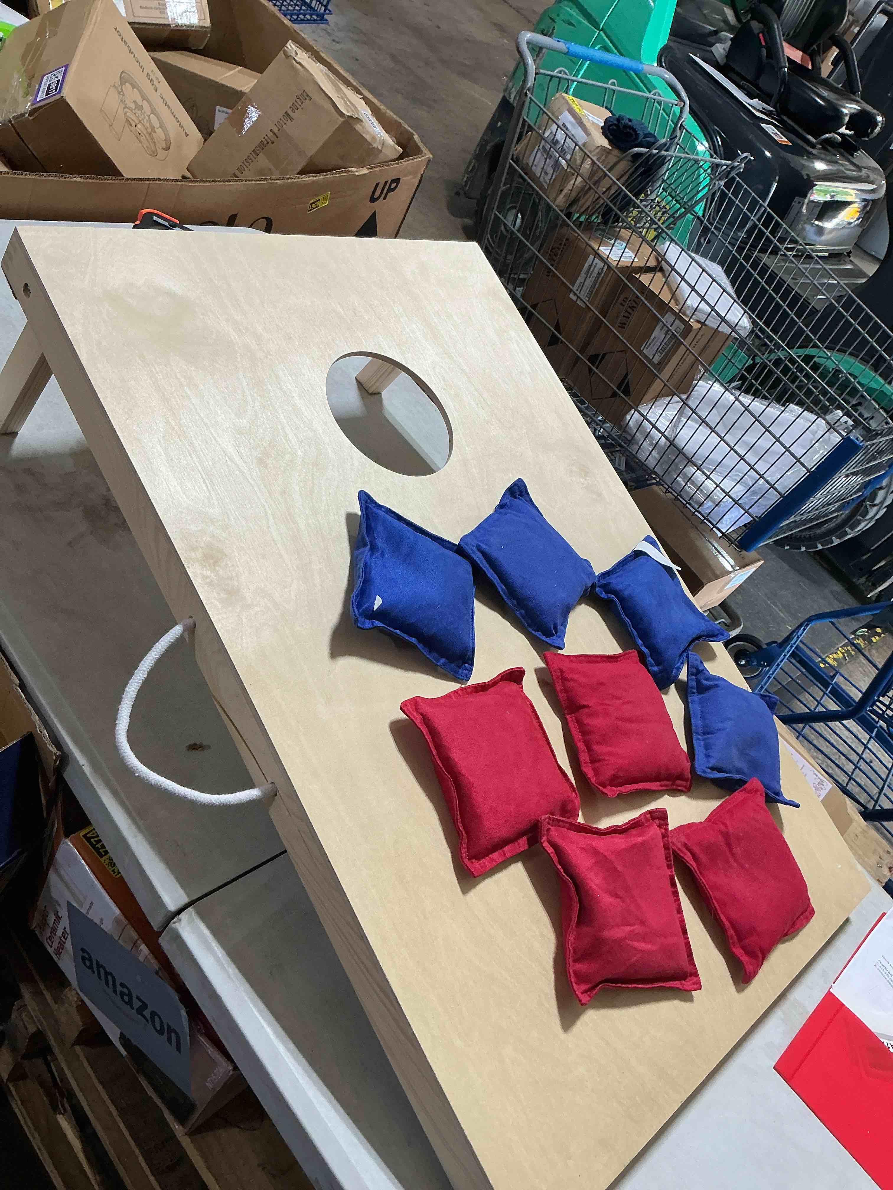 Condition photo showing As Is for cornhole wooden, stick & slide, 10 pieces, 2 boards, 8 bean bags, family games, ages 3+ by minnark