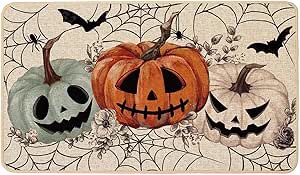 Baccessor Halloween Door Mat Rug, 17x29 inch Cute Beige Pumpkins Spider Web Scary Spooky Decorative Front Doormat Indoor Outdoor Non Slip Rubber Backing Fall Seasonal Entryway Kitchen Floor Decoration