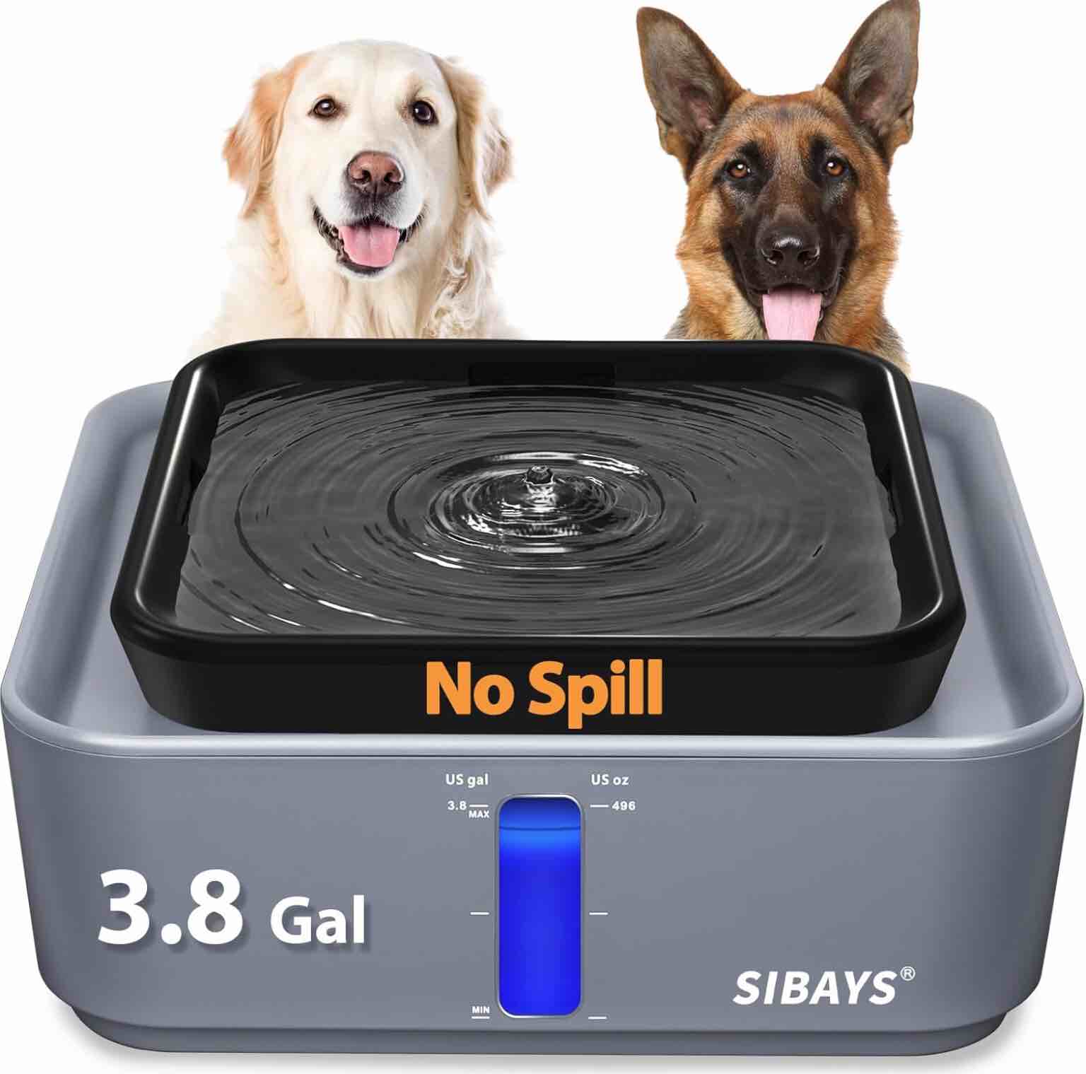 SIBAYS 3.8Gal/14L Extra Large Pet Water Fountain, No Spill Dog Cat Fountain with 9" Large Filter & Powerful LED Pump & Clear View Window, Auto Dog Water Bowl Dispenser, Easy to Clean, BPA-Free GREY-BLACK