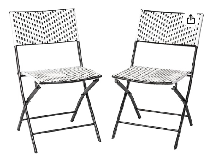 Flash Furniture Rouen Set of Two Folding French Bistro Chairs in PE Rattan with Metal Frames for Indoor and Outdoor Use, Set of 1, Black/White