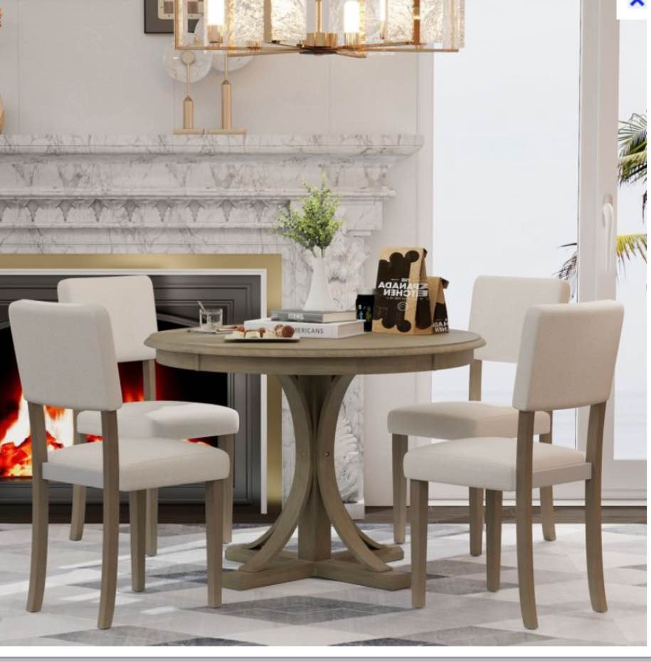 (incomplete table top only) 5Pc Retro Round Dining Table Set w/ Curved Trestle Style Table Legs (Taupe) 