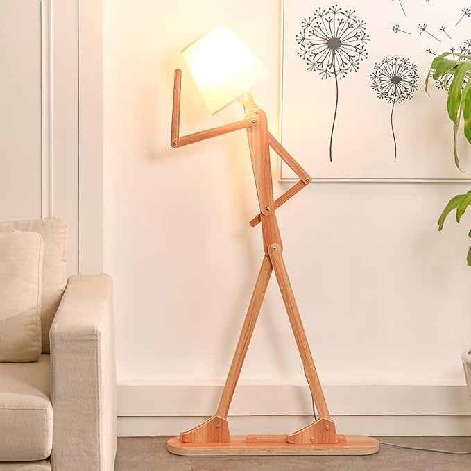 Cool Tall Floor Lamp for Living Room Bedroom Farmhouse - Corner Decorative Reading Standing Light Wood Creative Swing Arm Arc Design Gift for Kids/Boys/Girls Bedside - with LED Bulb (Ash
