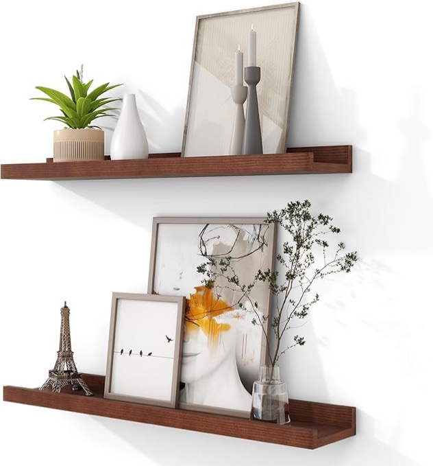 Solid Ash Wood Picture Ledge Shelf, 24 Inch Wood Floating Shelves with Lip Set of 2, Picture Ledge Shelf, Photo Ledge Shelf Nursery Bookshelf Wall Mounted for Living Room Bedroom Decor, Natural