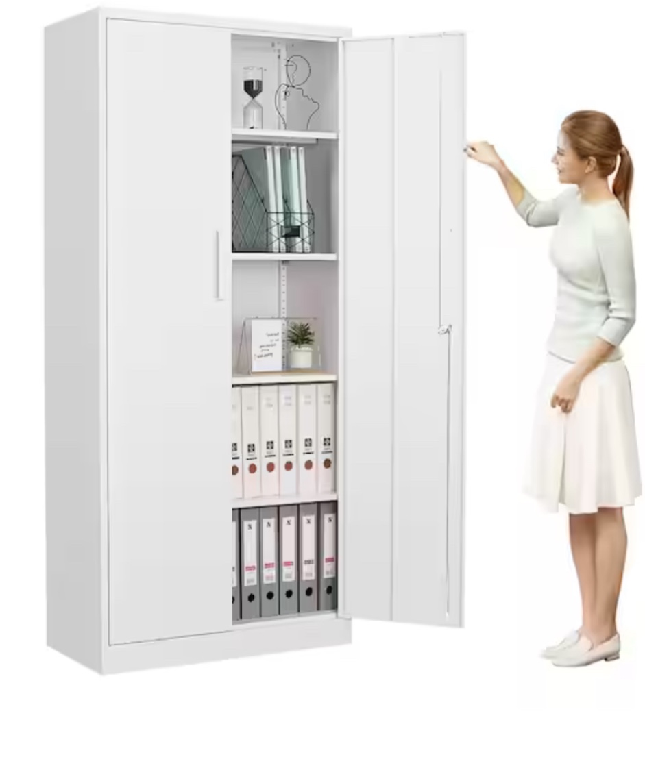 Metal Garage Cabinet 35.4 in. W x 72 in. H x 18 in. D 24-Gauge Steel Metal Storage Cabinet 4 Shelves and 2 Door in White