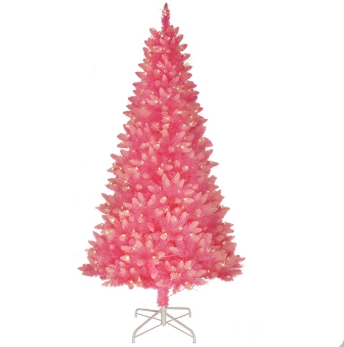 6' 5" H Pink Realistic Artificial Spruce Flocked/Frosted Christmas Tree with 300 Incandescent Steady/Constant Lights