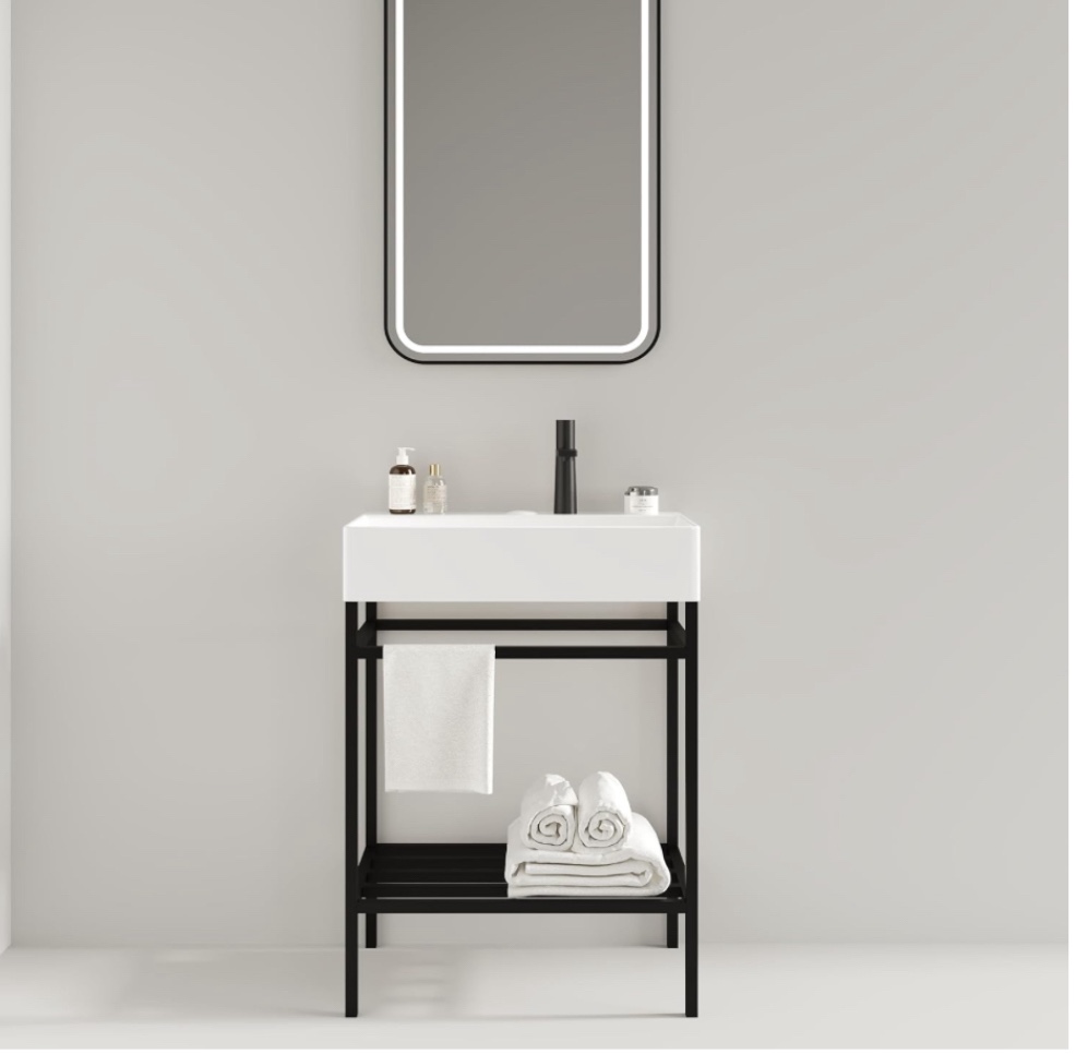 Lofi 24" Bathroom Vanity With Ceramic Basin, Freestanding Bathroom Console Sink Set, Glossy Red Rectangular Ceramic Basin Without Faucet, Open Metal Leg, Storage Shelves (Missing Sink)