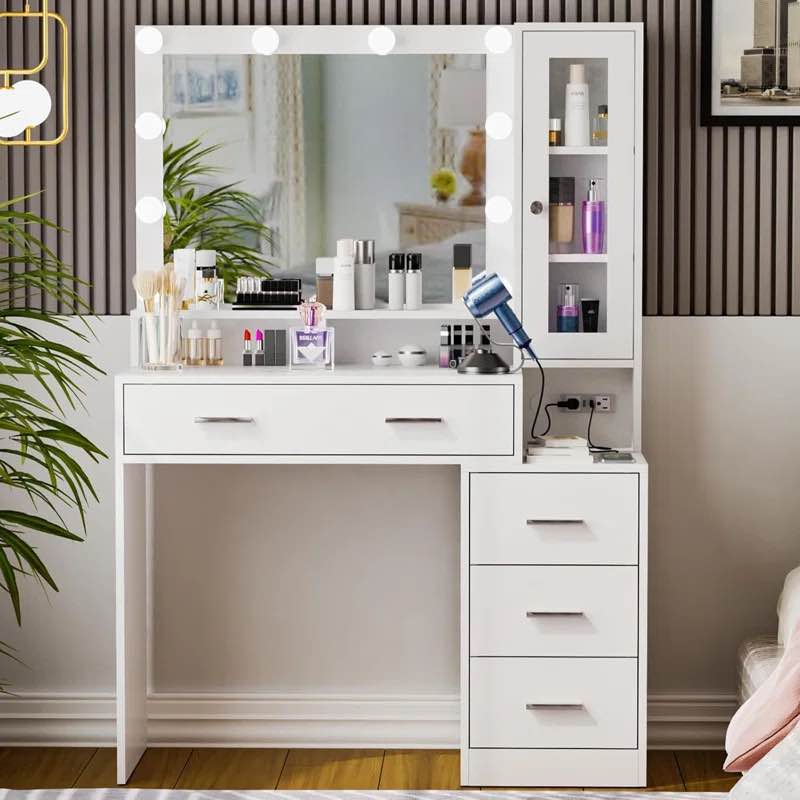 Eglantina 40" Makeup Vanity Desk with LED Lighted Hollywood Mirror & Power Outlet & USB Port & 4 Drawers & Glass Cabinet (Incomplete, Mirror Only)