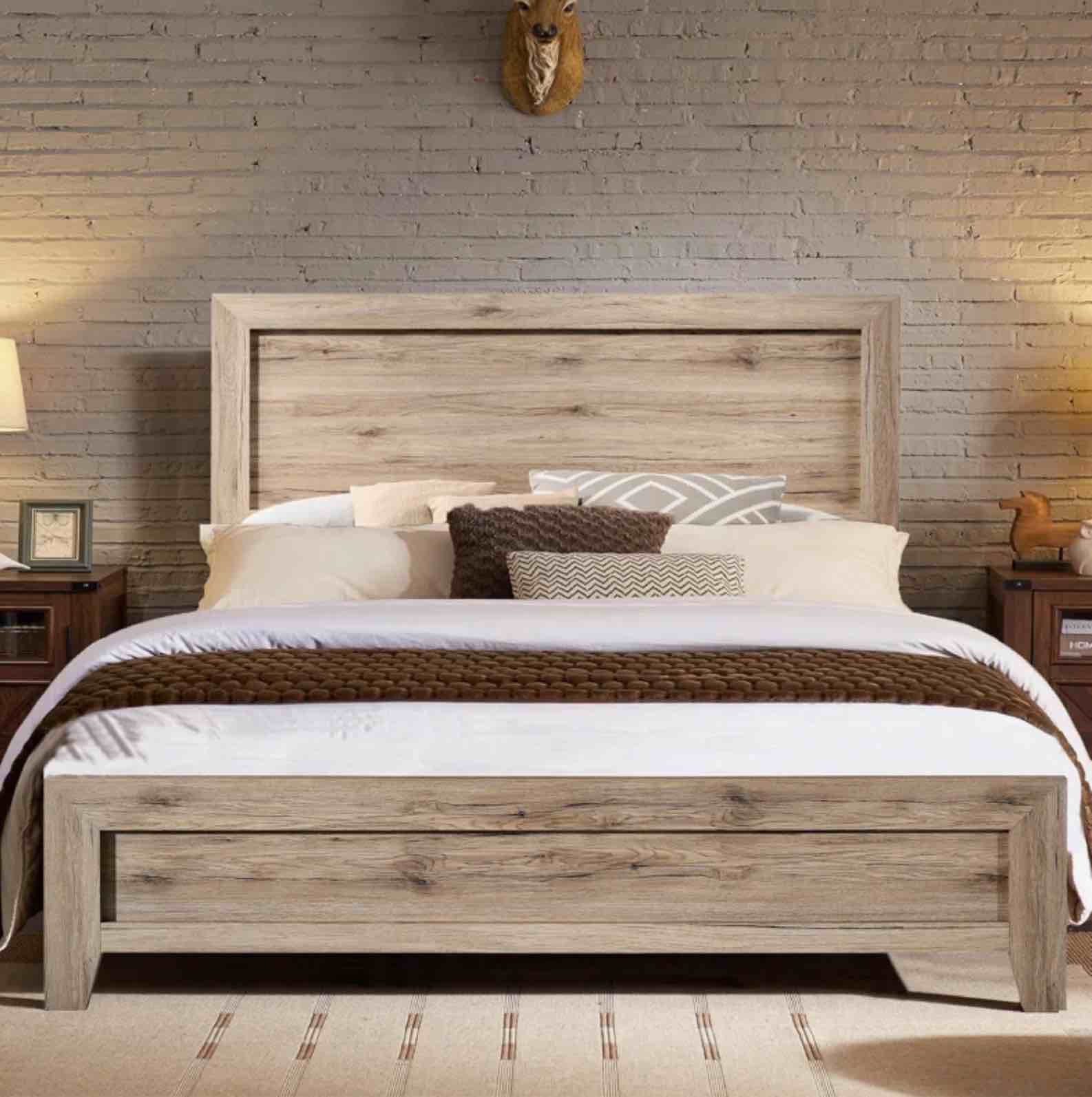 Queen Size Solid Wood Bed Frame With Headboard And Footboard,Need Box Spring,Natural