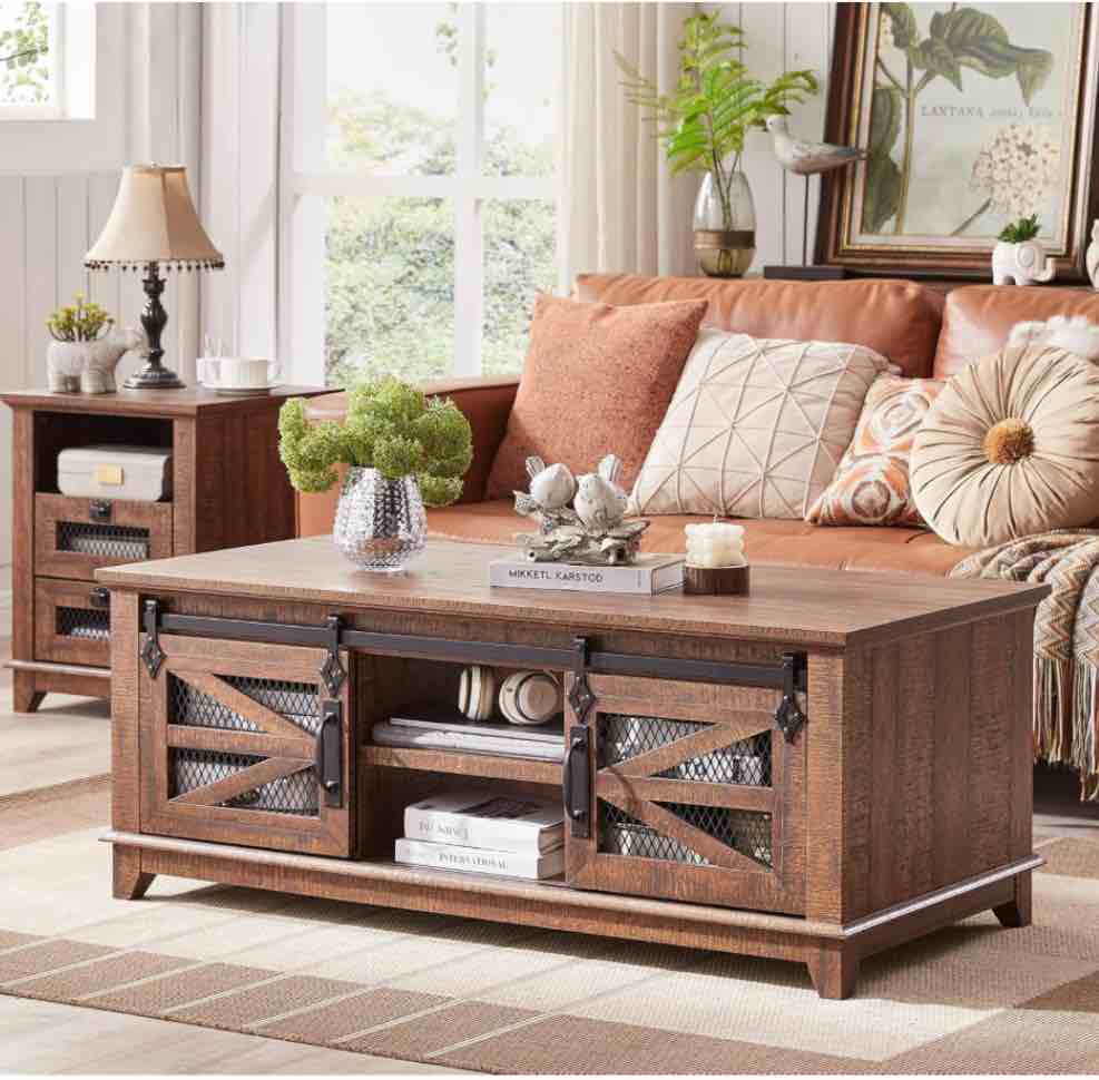 Farmhouse 48" Coffee Table with Sliding Barn Door and Adjustable Shelf