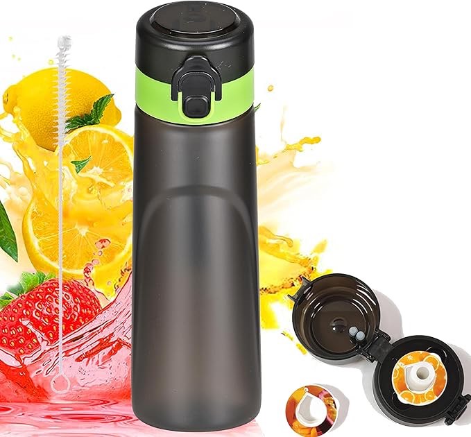 Air Water Bottle with Flavor Pods, 750ML Scent Water Cup with Flavor Pods Box?0% Sugar Fragrance Water Bottle Suitable for Outdoor Sports (Blackgreen+10pods)