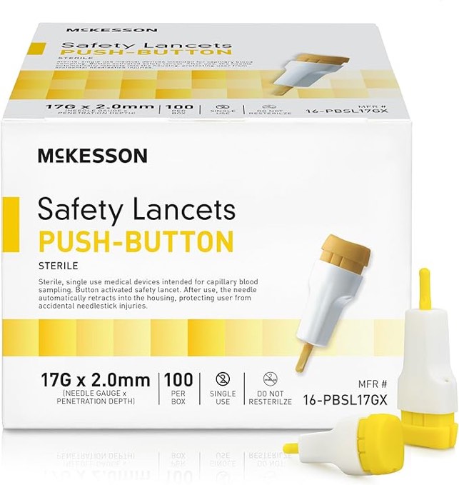 McKesson Safety Lancet, Retractable, Push Button Activation - Ideal for Blood Testing - Sterile, Single Use, 17 Gauge, 2.0mm Depth, 100 Count, 1 Pack