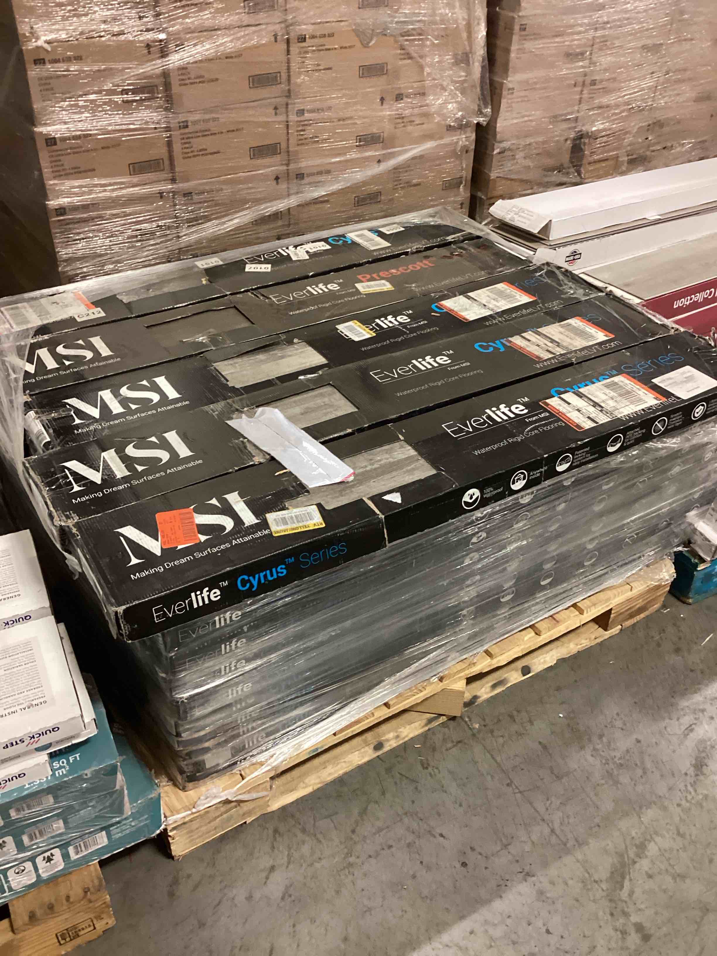 Assorted MSI Waterproof Rigid Core Flooring, Cyrus and Prescott and more  23.77, sq.ft per box 38 boxes for pick up 903 sq.ft