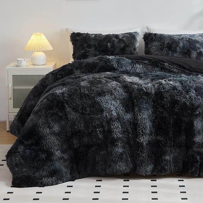 Black Fluffy Bed comforter set of 3 